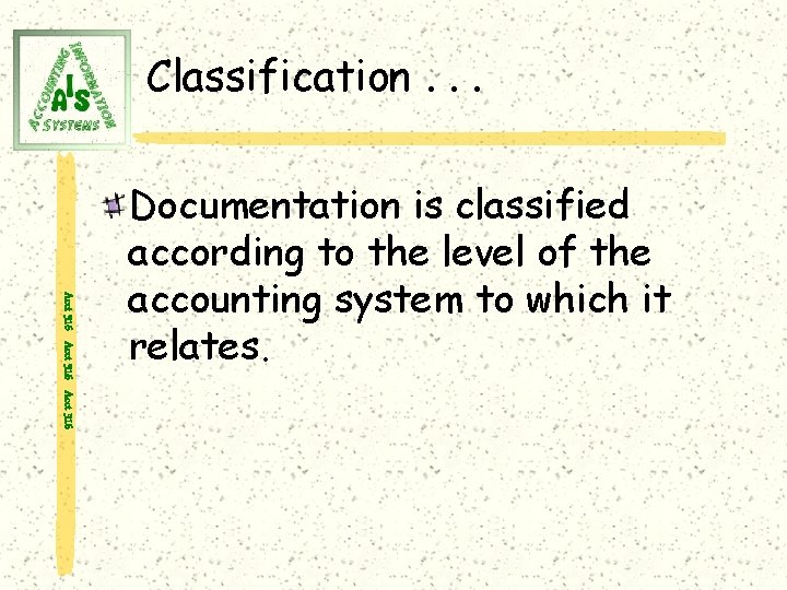 Classification. . . Acct 316 Documentation is classified according to the level of the