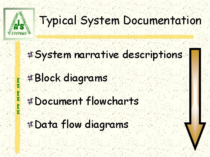Typical System Documentation System narrative descriptions Acct 316 Block diagrams Document flowcharts Data flow