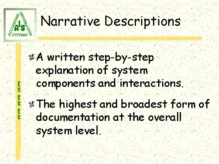 Narrative Descriptions Acct 316 A written step-by-step explanation of system components and interactions. The