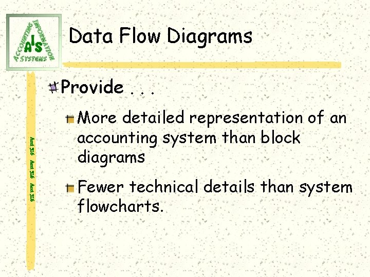 Data Flow Diagrams Provide. . . Acct 316 More detailed representation of an accounting
