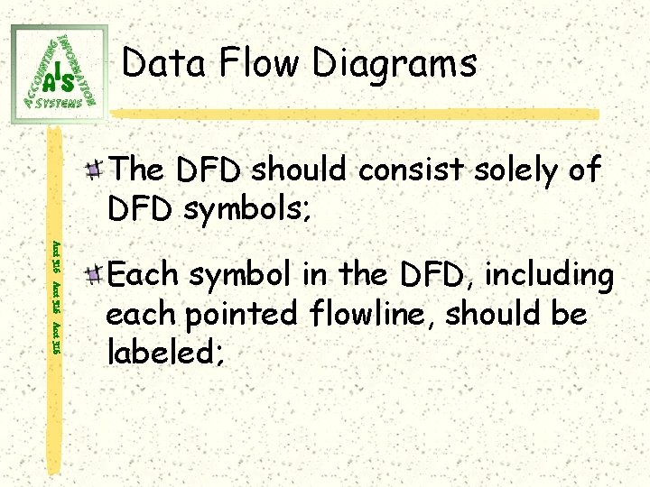 Data Flow Diagrams The DFD should consist solely of DFD symbols; Acct 316 Each