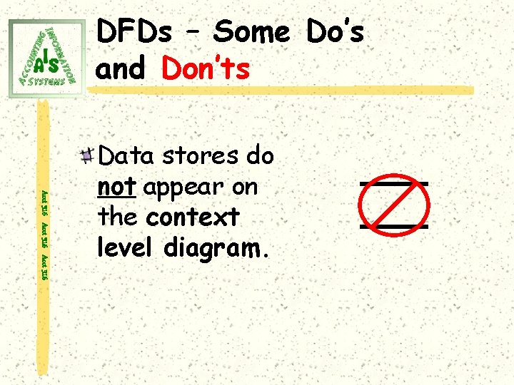 DFDs – Some Do’s and Don’ts Acct 316 Data stores do not appear on
