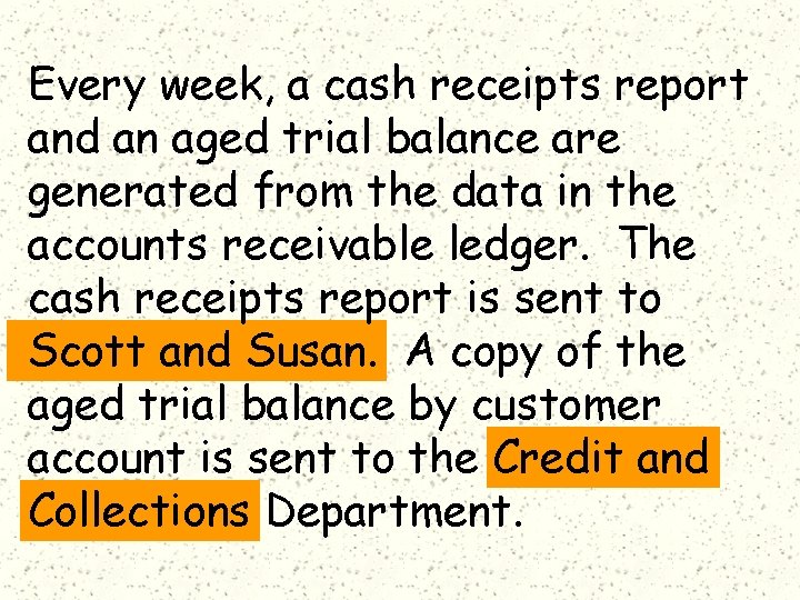 Every week, a cash receipts report and an aged trial balance are generated from