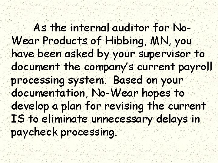 As the internal auditor for No. Wear Products of Hibbing, MN, you have been