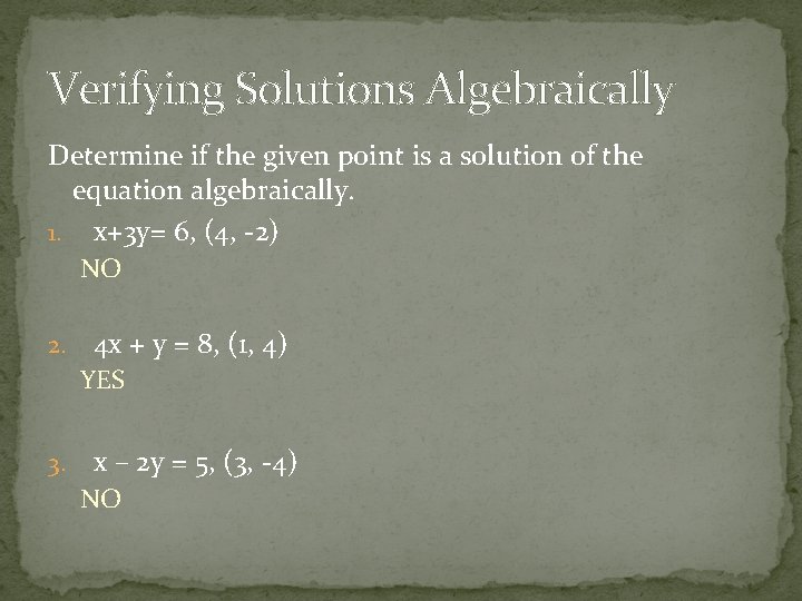Verifying Solutions Algebraically Determine if the given point is a solution of the equation