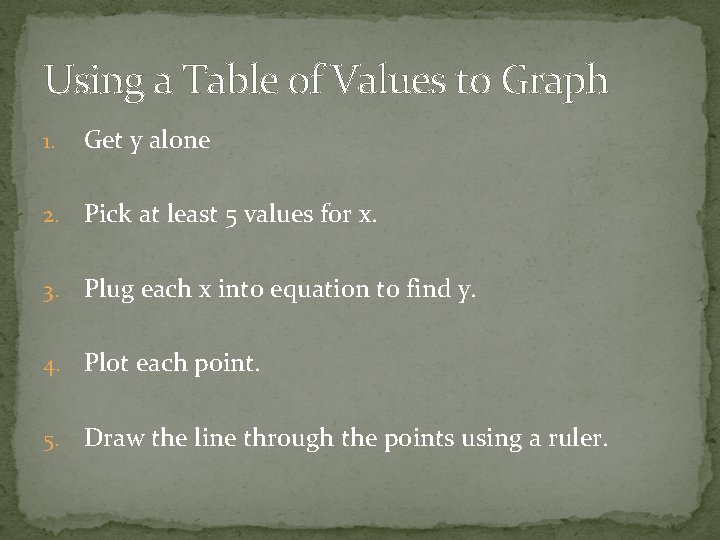 Using a Table of Values to Graph 1. Get y alone 2. Pick at