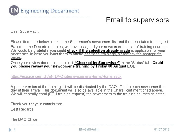 Email to supervisors Dear Supervisor, Please find here below a link to the September’s