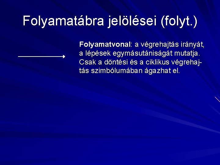 Folyamatábra jelölései (folyt. ) Folyamatvonal: a végrehajtás irányát, a lépések egymásutániságát mutatja. Csak a