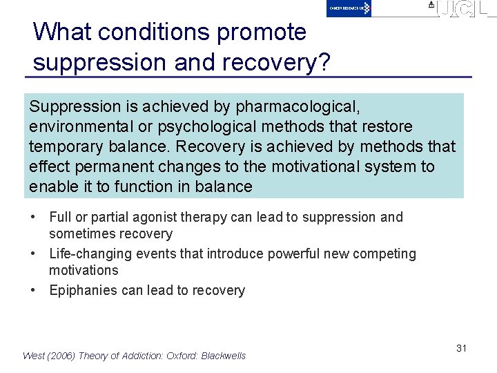 What conditions promote suppression and recovery? Suppression is achieved by pharmacological, environmental or psychological