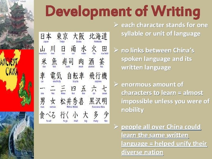 Development of Writing Ø each character stands for one syllable or unit of language