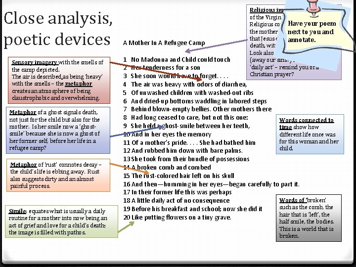Close analysis, poetic devices Sensory imagery with the smells of the camp depicted. The
