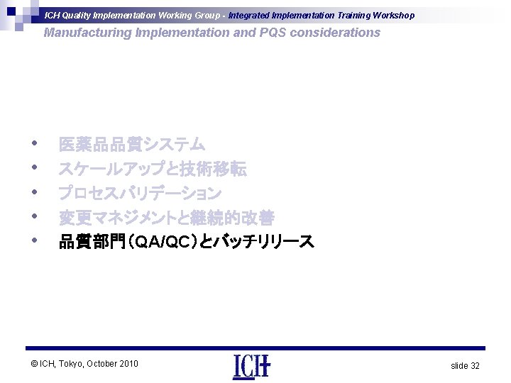 ICH Quality Implementation Working Group - Integrated Implementation Training Workshop Manufacturing Implementation and PQS