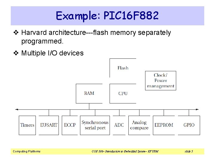 Example: PIC 16 F 882 v Harvard architecture---flash memory separately programmed. v Multiple I/O