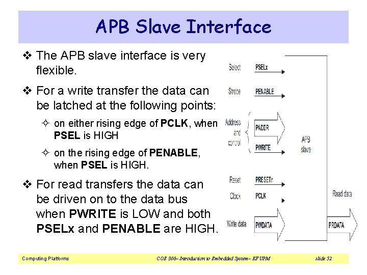 APB Slave Interface v The APB slave interface is very flexible. v For a