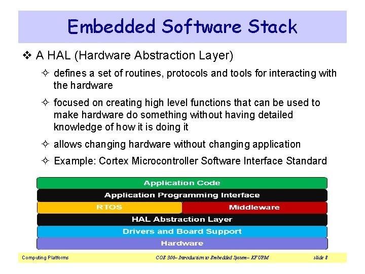 Embedded Software Stack v A HAL (Hardware Abstraction Layer) ² defines a set of