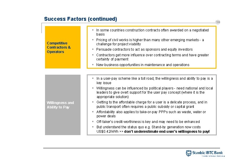 Success Factors (continued) Competitive Contractors & Operators § In some countries construction contracts often