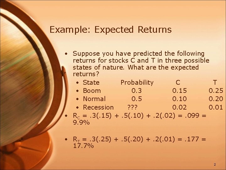 Example: Expected Returns • Suppose you have predicted the following returns for stocks C