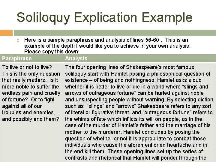 Soliloquy Explication Example Here is a sample paraphrase and analysis of lines 56 -60.