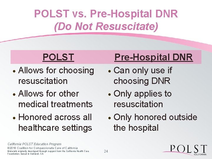 POLST vs. Pre-Hospital DNR (Do Not Resuscitate) POLST Pre-Hospital DNR Allows for choosing resuscitation