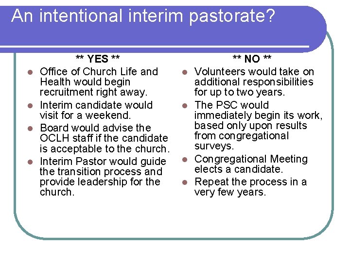 An intentional interim pastorate? l l ** YES ** Office of Church Life and