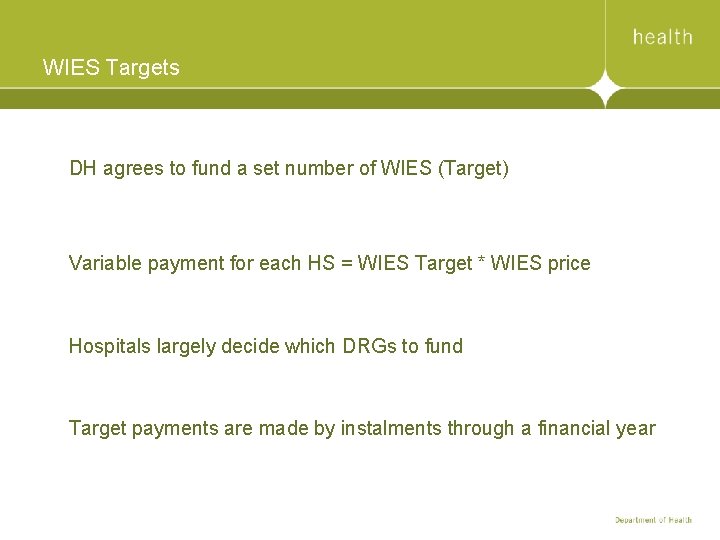 WIES Targets DH agrees to fund a set number of WIES (Target) Variable payment