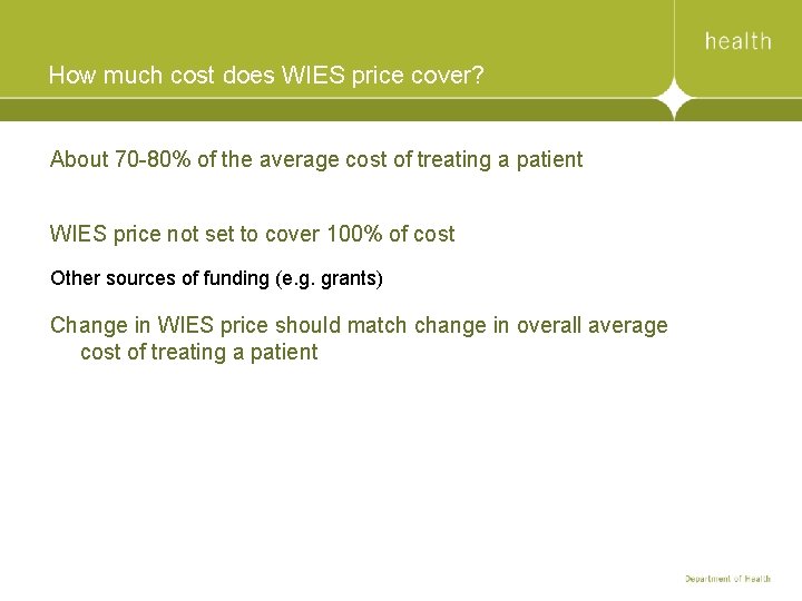 How much cost does WIES price cover? About 70 -80% of the average cost