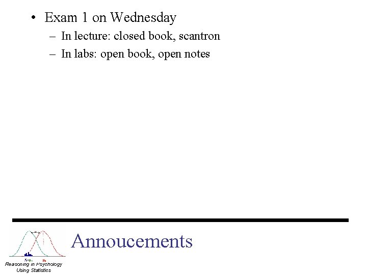  • Exam 1 on Wednesday – In lecture: closed book, scantron – In