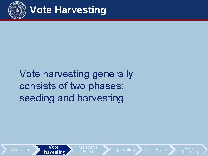 Vote Harvesting Vote harvesting generally consists of two phases: seeding and harvesting Overview Vote