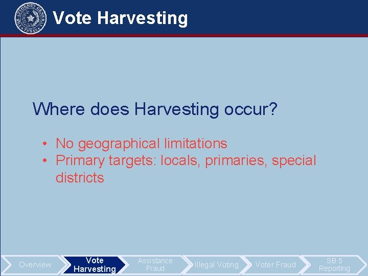 Vote Harvesting Where does Harvesting occur? • No geographical limitations • Primary targets: locals,
