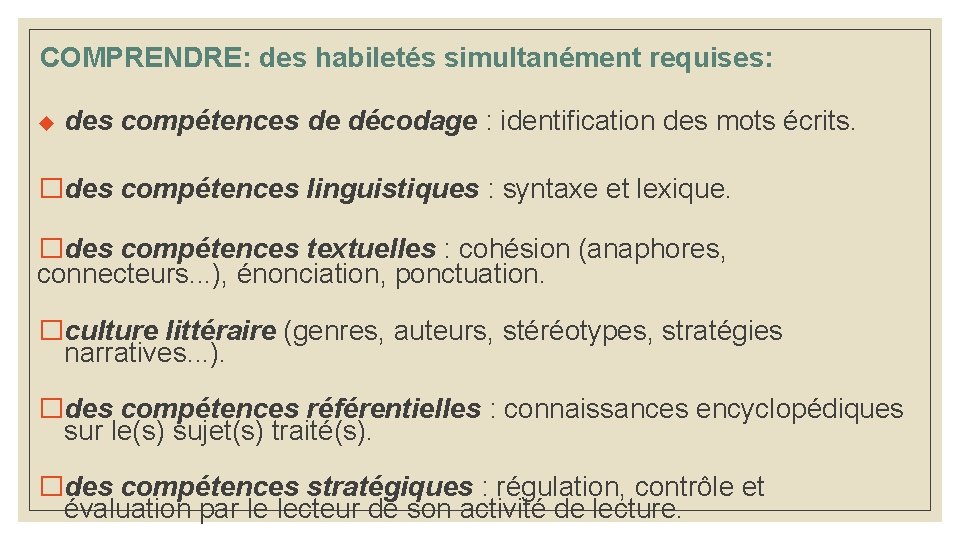 COMPRENDRE: des habiletés simultanément requises: des compétences de décodage : identification des mots écrits. COMPRENDRE: des habiletés simultanément requises: des compétences de décodage : identification des mots écrits.
