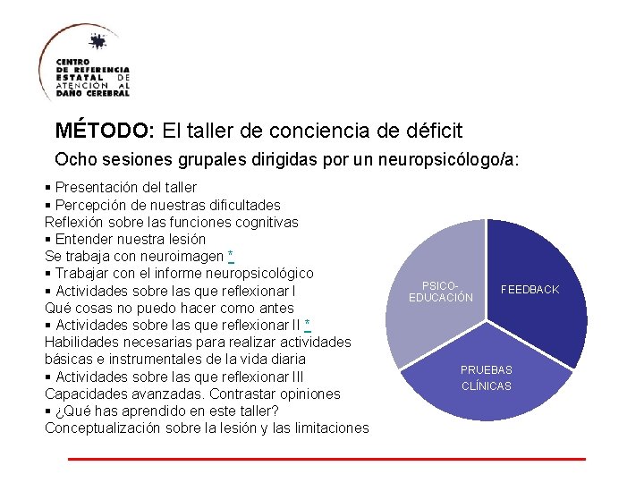 MÉTODO: El taller de conciencia de déficit Ocho sesiones grupales dirigidas por un neuropsicólogo/a: