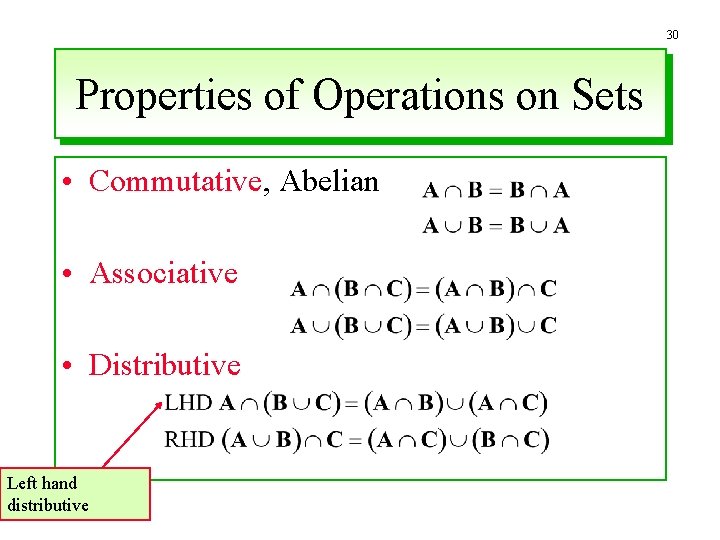 30 Properties of Operations on Sets • Commutative, Abelian • Associative • Distributive Left
