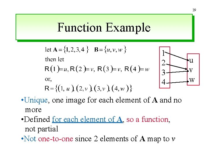 39 Function Example 1 2 3 4 • Unique, one image for each element