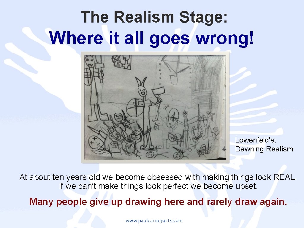 The Realism Stage: Where it all goes wrong! Lowenfeld’s; Dawning Realism At about ten