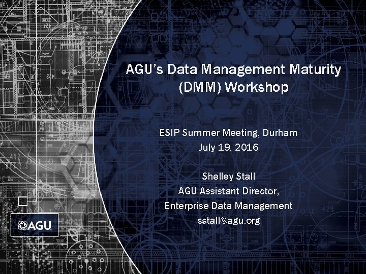 AGU’s Data Management Maturity (DMM) Workshop ESIP Summer Meeting, Durham July 19, 2016 Shelley
