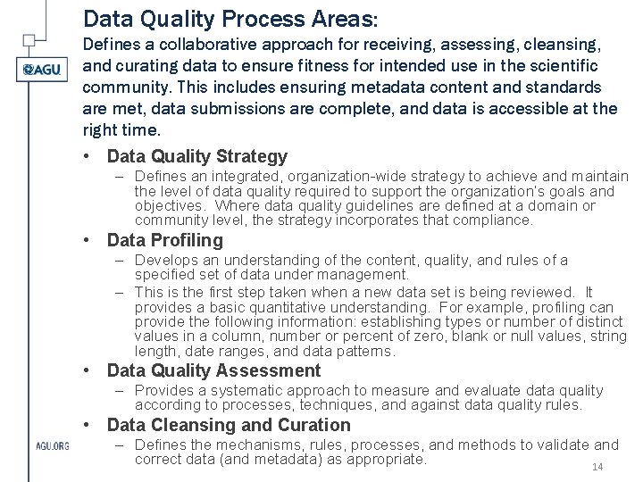 Data Quality Process Areas: Defines a collaborative approach for receiving, assessing, cleansing, and curating