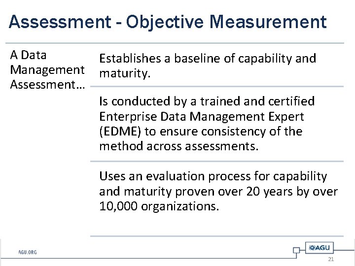 Assessment - Objective Measurement A Data Management Assessment… Establishes a baseline of capability and