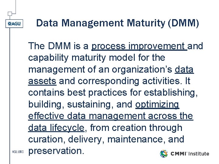 Data Management Maturity (DMM) The DMM is a process improvement and capability maturity model