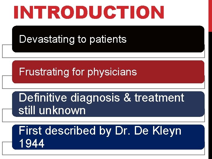 INTRODUCTION Devastating to patients Frustrating for physicians Definitive diagnosis & treatment still unknown First