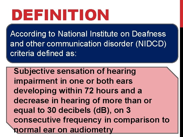 DEFINITION According to National Institute on Deafness and other communication disorder (NIDCD) criteria defined