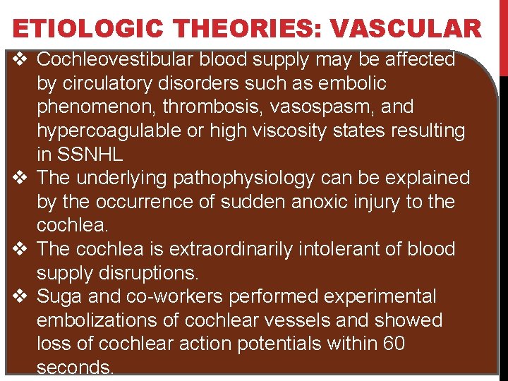 ETIOLOGIC THEORIES: VASCULAR v Cochleovestibular blood supply may be affected by circulatory disorders such