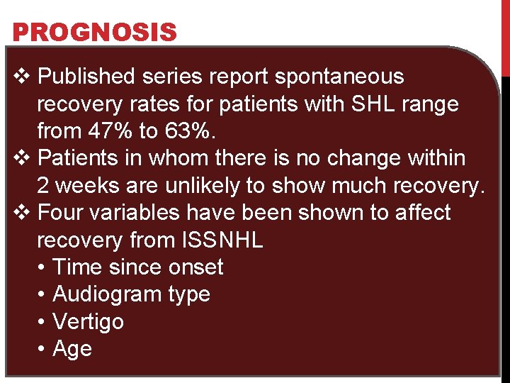 PROGNOSIS v Published series report spontaneous recovery rates for patients with SHL range from