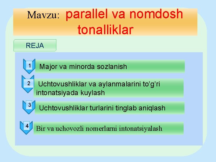 Mavzu: parallel va nomdosh tonalliklar REJA 1 2 3 4 Major va minorda sozlanish