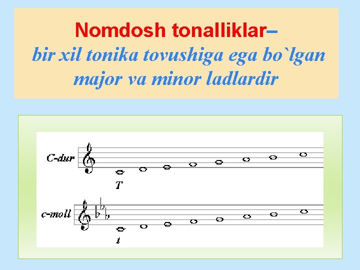 Nomdosh tonalliklar– bir xil tonika tovushiga ega bo`lgan major va minor ladlardir 