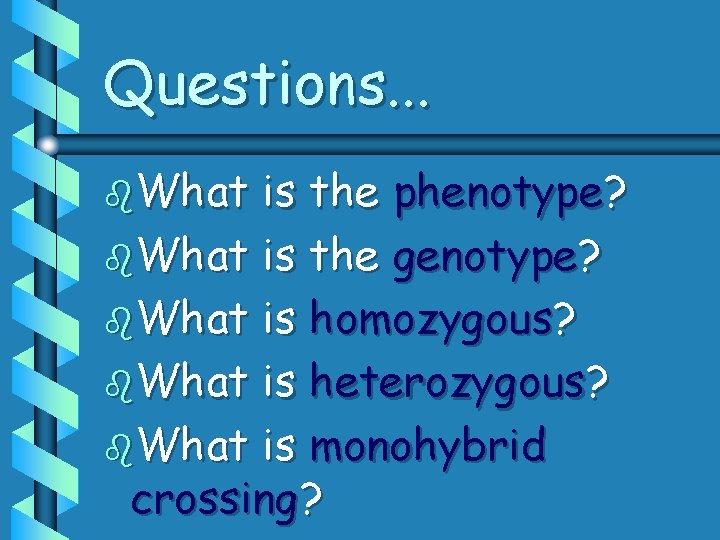 Questions. . . b. What is the phenotype? b. What is the genotype? b.