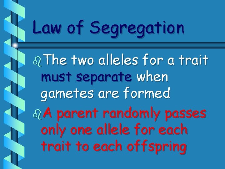 Law of Segregation b. The two alleles for a trait must separate when gametes