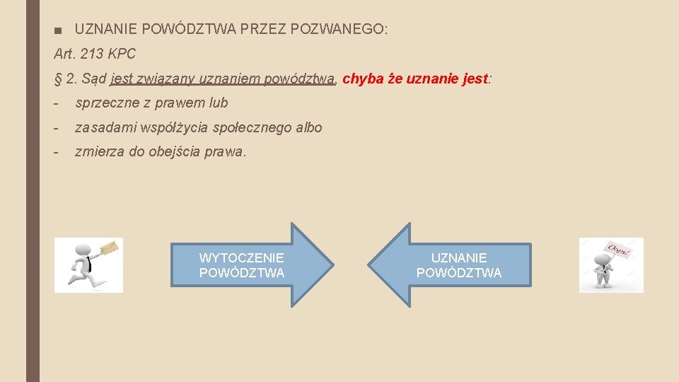 ■ UZNANIE POWÓDZTWA PRZEZ POZWANEGO: Art. 213 KPC § 2. Sąd jest związany uznaniem