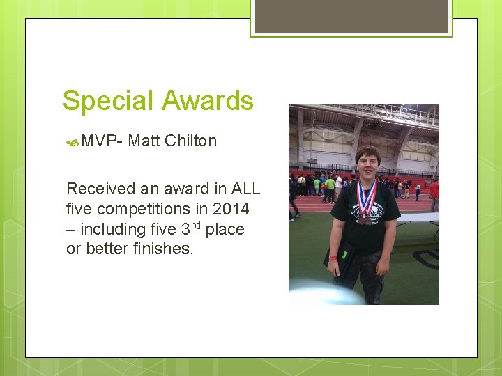Special Awards MVP- Matt Chilton Received an award in ALL five competitions in 2014