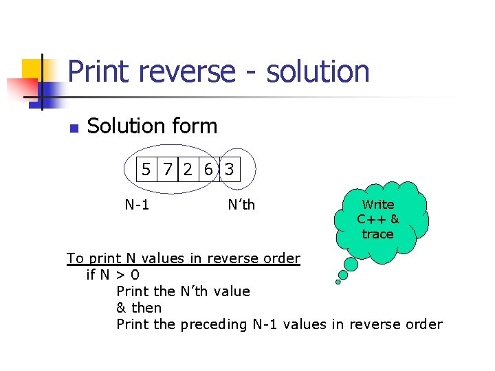 Print reverse - solution n Solution form 5 7 2 6 3 N-1 N’th