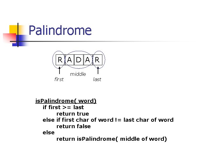 Palindrome R A D A R first middle last is. Palindrome( word) if first